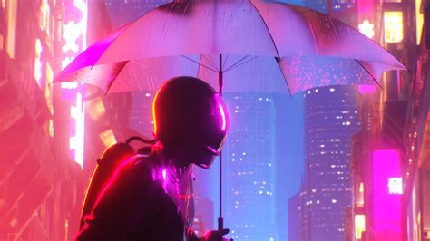 Download Wallpaper 2560x1440 Cyborg Umbrella Neon Cyberpunk City Buildings Glow Widescreen