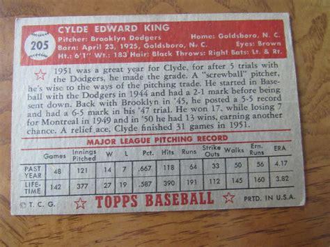 1952 Topps Baseball 205 Clyde King P Brooklyn Dodgers Ebay