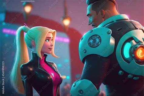 A Sci Fi Animation Inspired Couple In Love Blonde Girl And Strong Man With An Armor Generative