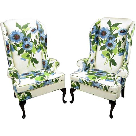 Pair Of Elegant And Bold Floral Linen Upholstered Wing Chairs By