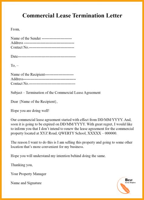lease termination letter template format sample and example