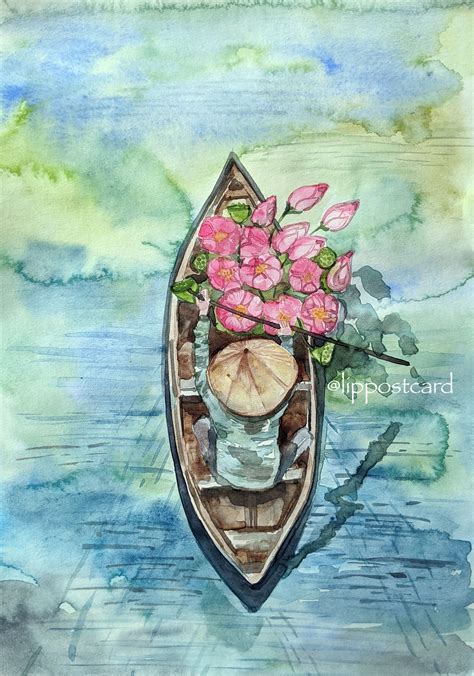 A Painting Of A Boat With Pink Flowers In The Front And Water On The Back