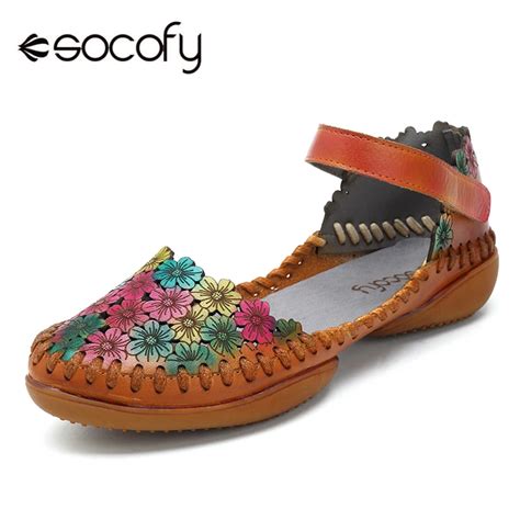 Socofy Handmade Daisy Flower Flats Genuine Leather Mary Jane Shoes