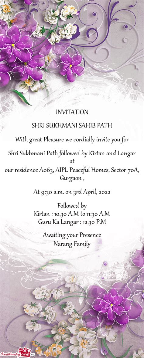 Shri Sukhmani Path Followed By Kirtan And Langar Free Cards