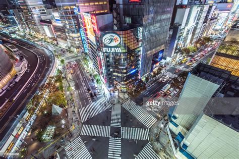 Elevated View Of Ginza Zebra Crossing Tokyo Japan High Res Stock Photo