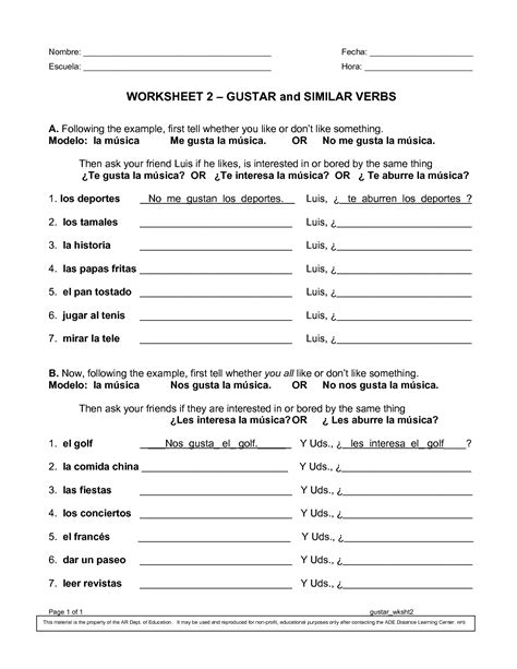 Worksheet Gustar And Similar Verbs Answer Key