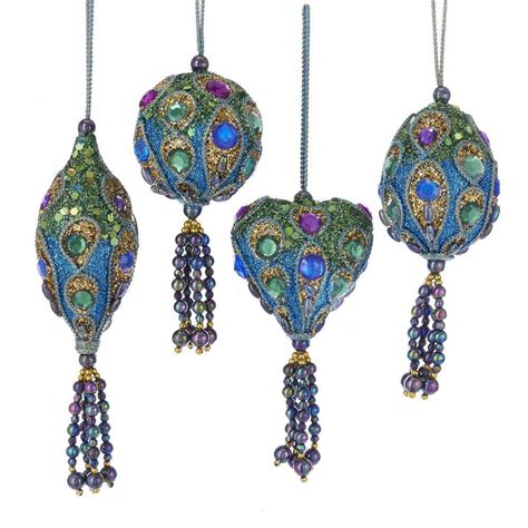 Set Of 4 Small Peacock Sequined Blue Green And Purple Christmas