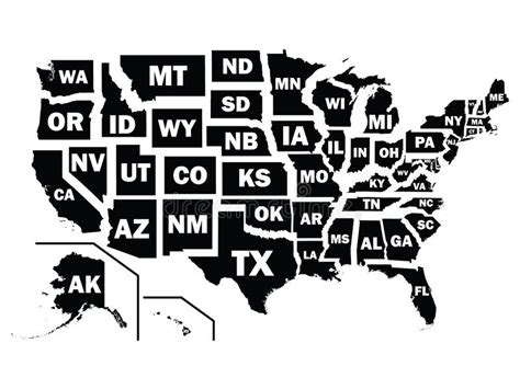 Black Map Of Us Federal States With Postal Code Abbreviations Stock