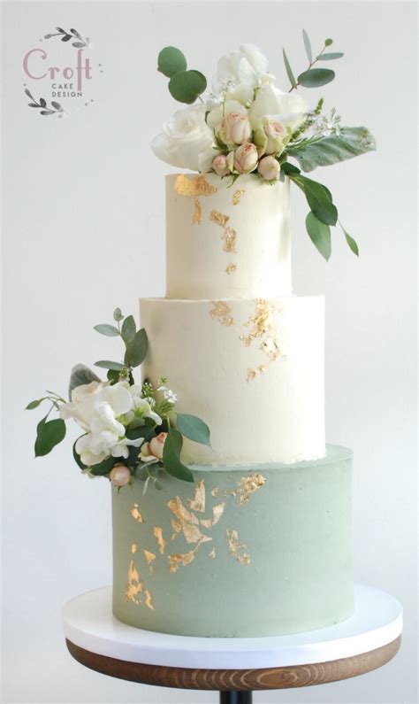 Sage Green Wedding Cake Buttercream With Fresh Flowers And Gold Leaf