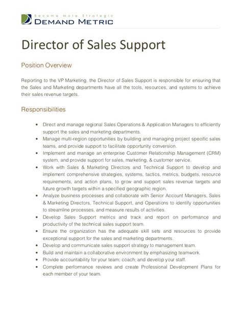 Director Of Sales Support Job Description