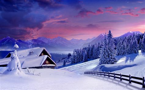 Landscape Winter Snow Mountain Trees Sky Cabin Wallpapers Hd