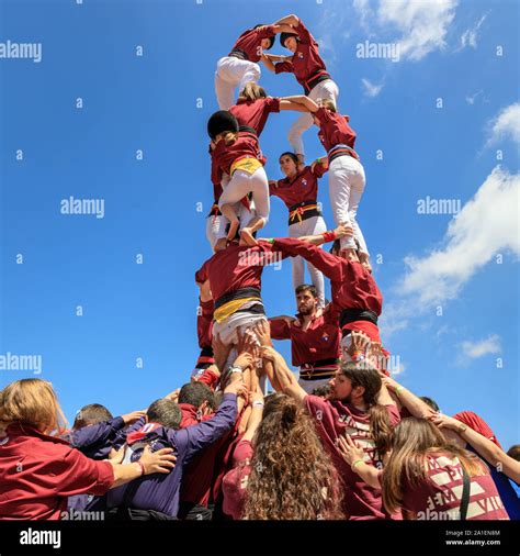 Castellers People Building A Traditional Castell Or Human Tower At A