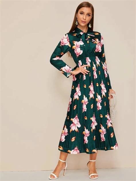 Tie Neck Floral Print Pleated Dress Pleated Dress Dresses Mesh Sleeved Dress