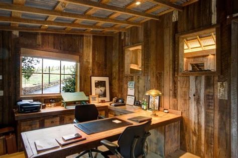 Rustic Office Near The Window With Asbestos Ceiling Wooden Wall