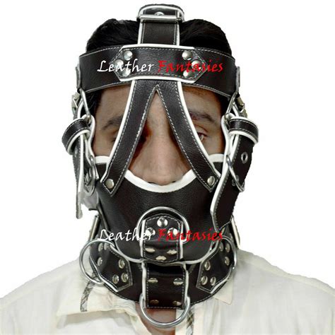 Leather Bdsm Gear Face Hood Fetish Slave Extreme Bondage Muzzle Gag With D Rings Leather