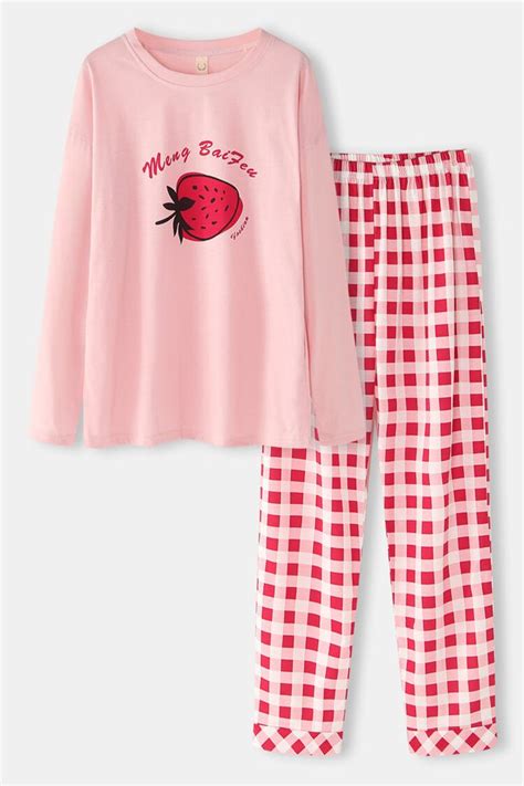 Women Strawberry Print O Neck Long Sleeve Plaid Pants Plus Size Pajamas