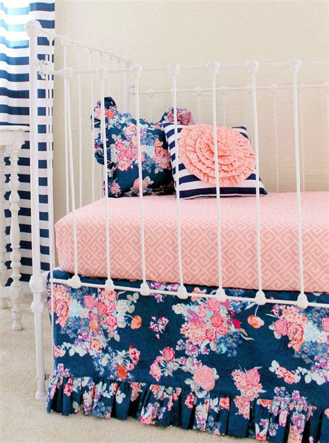 Crib bedding comes in different styles, colors, and palettes. Navy Floral Crib Bedding | Baby Girl Bedding | Coral and ...