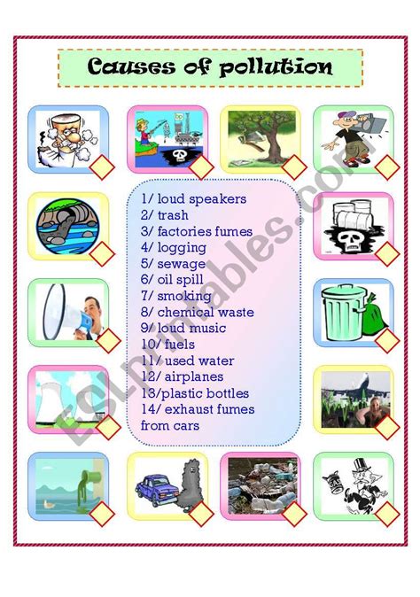 Causes Of Pollution Matching Esl Worksheet By Naoura