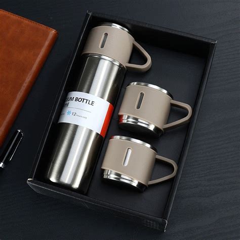 double wall stainless steel vacuum flask t set with two cups hot and cold assorted color