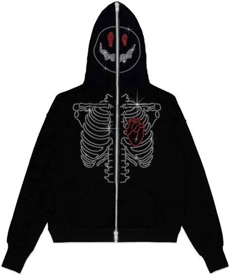 Rhinestone Skull Skeleton Streetwear Oversized Hoodie Men Jacket Jacket
