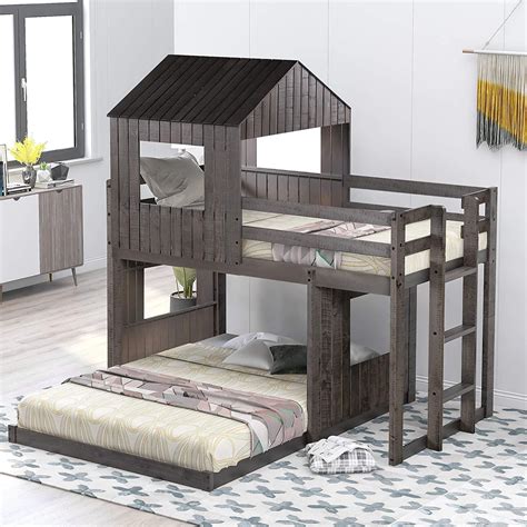 Churanty Wooden Twin Over Full Bunk Bed Loft Bed With Playhouse Farmhouse Ladder And