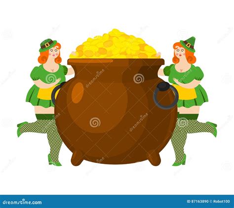 Leprechaun Girl And Pot Of Gold Legendary Treasures For Lucky Stock