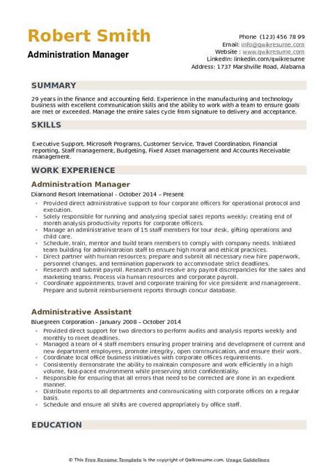 The main role of finance and administration is to enforce the program staff to adhere to the organization's financial and administrative policies. Administration Manager Resume Samples | QwikResume