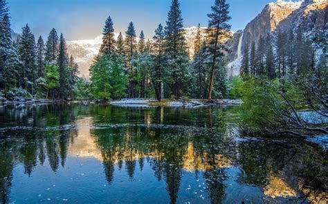 Winter Mountains Trees Lake Yosemite National Park Usa California