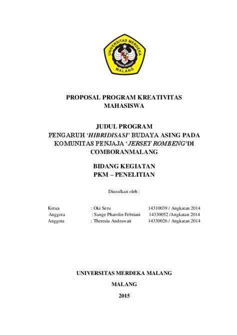 (PDF) CONTOH PROPOSAL PROGRAM KREATIVITAS MAHASISWA JUDUL PROGRAM PENGARUH 'HIBRIDISASI' BUDAYA ...