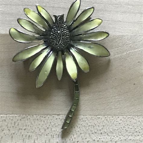 Sterling Silver Brooch Large Enameled Daisy With Marcasite Center