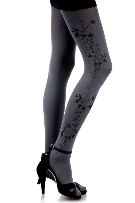Zohara Bianca Floral Print Tights In Black And Gray Beyond The Rack