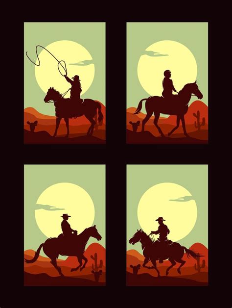 Set Of Cowboy Riding Horse Silhouette At Sunset Logo 20801832 Vector