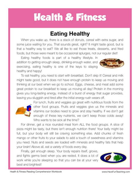 Eating Healthy Health And Fitness Reading Comprehension Worksheet By