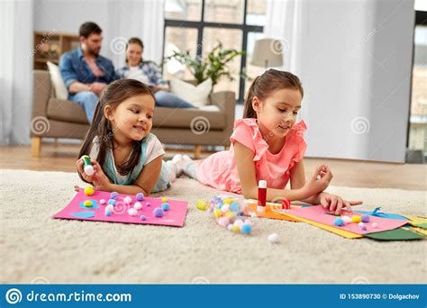 Happy Sisters Doing Arts And Crafts At Home Stock Photo Image Of