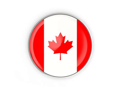 Round button with metal frame. Illustration of flag of Canada
