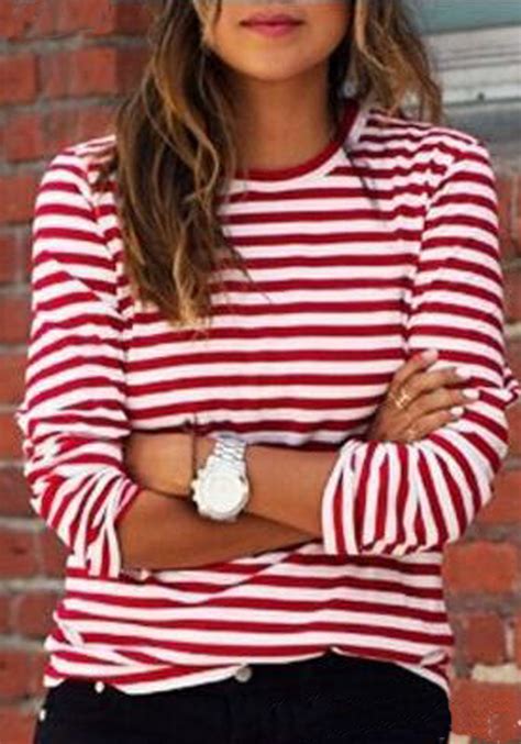 Red White Striped Print Long Sleeve Round Neck Fall Fashion Casual T