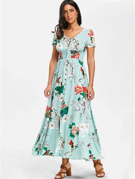 Kenancy Women Long Maxi Dress Longue Femme Women Boho Shirred Floral