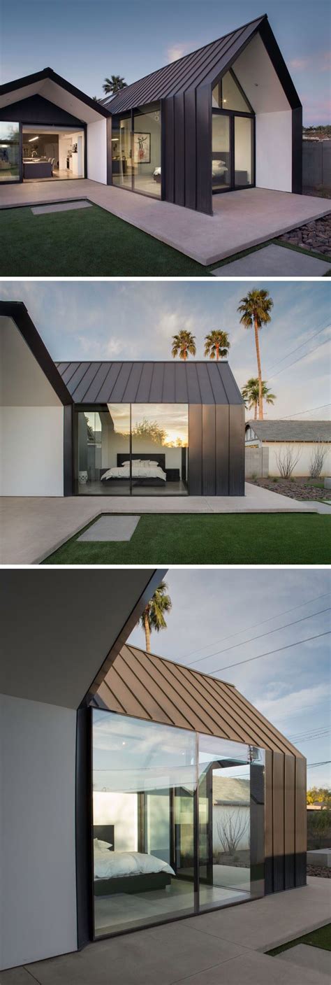 Three Different Views Of A Modern House From The Outside With Palm