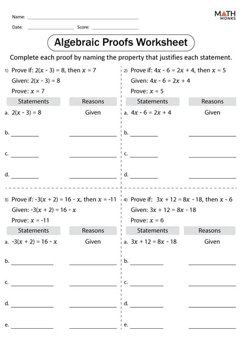 Algebraic Proofs Worksheets Math Monks