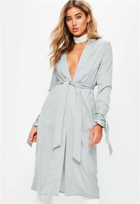 Lyst Missguided Grey Tie Cuff Collarless Duster Jacket In Gray