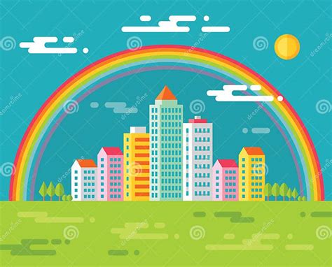 Building And Rainbow In City Vector Concept Illustration In Flat