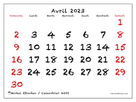 Calendrier Avril 2023 à Imprimer “46ds” Michel Zbinden Be