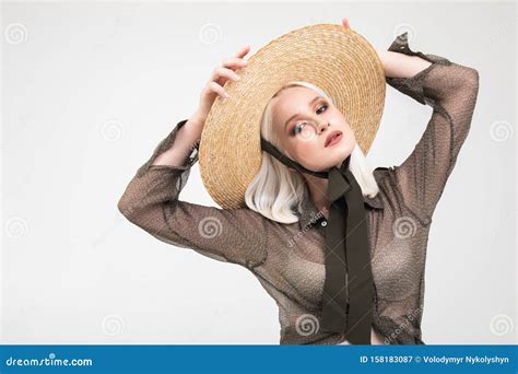 Attractive Blonde Girl Adjusting Straw Hat Stock Image Image Of Brim Adjusting 158183087