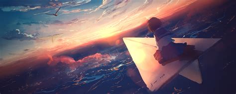 2560x1024 Anime Girl Flying Paper Plane 4k Wallpaper2560x1024