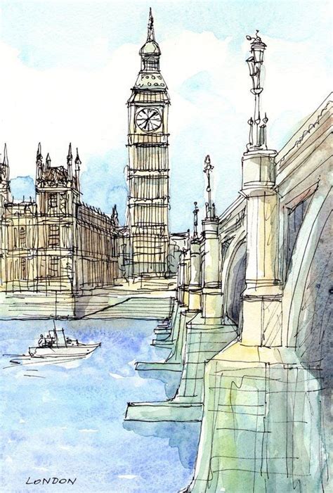 London Westminster Bridge Thames Art Print From An Original Watercolor