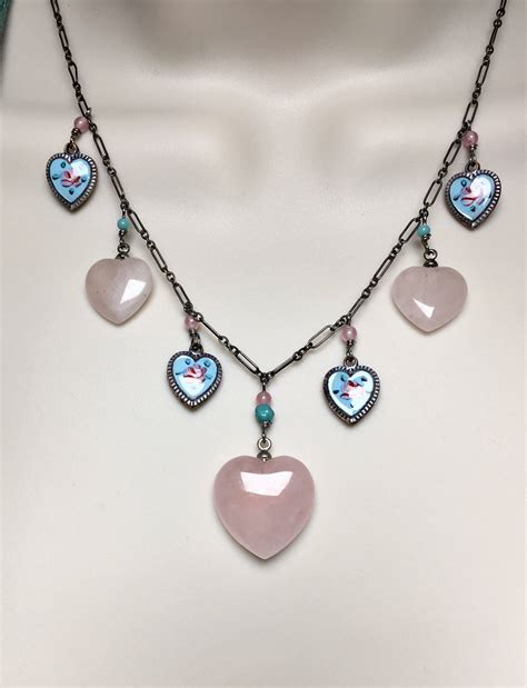 Quartz Necklace Heart Necklace Rose Quartz Necklace Enamel Necklace