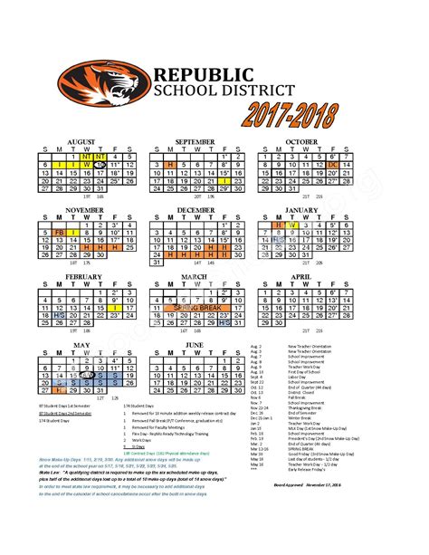 2017 2018 District Calendar Republic High School Republic Mo