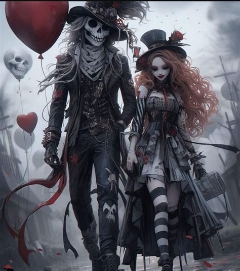Two People Dressed Up As Skeleton Characters Walking Down A Street With Balloons In The Air