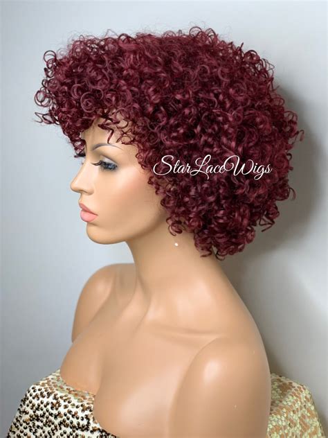 Short Full Burgundy Wig Curly Bob Bangs Layers Synthetic Afro Etsy