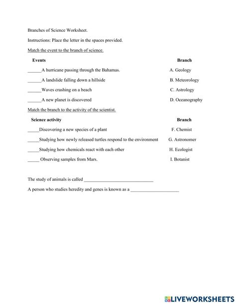 Branches Of Science Worksheet Online Exercise For Live Worksheets